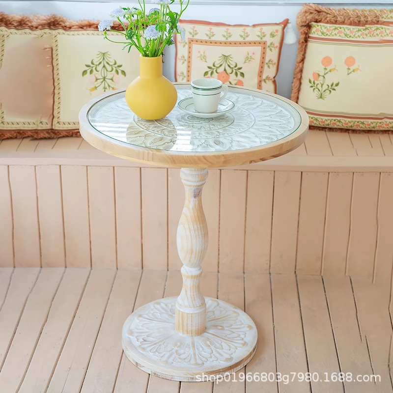 French Retro Old Small Round Table Coffee Table Middle Ancient Corner Table Leisure Internet Celebrity Homestay Balcony Carved American Coffee Table