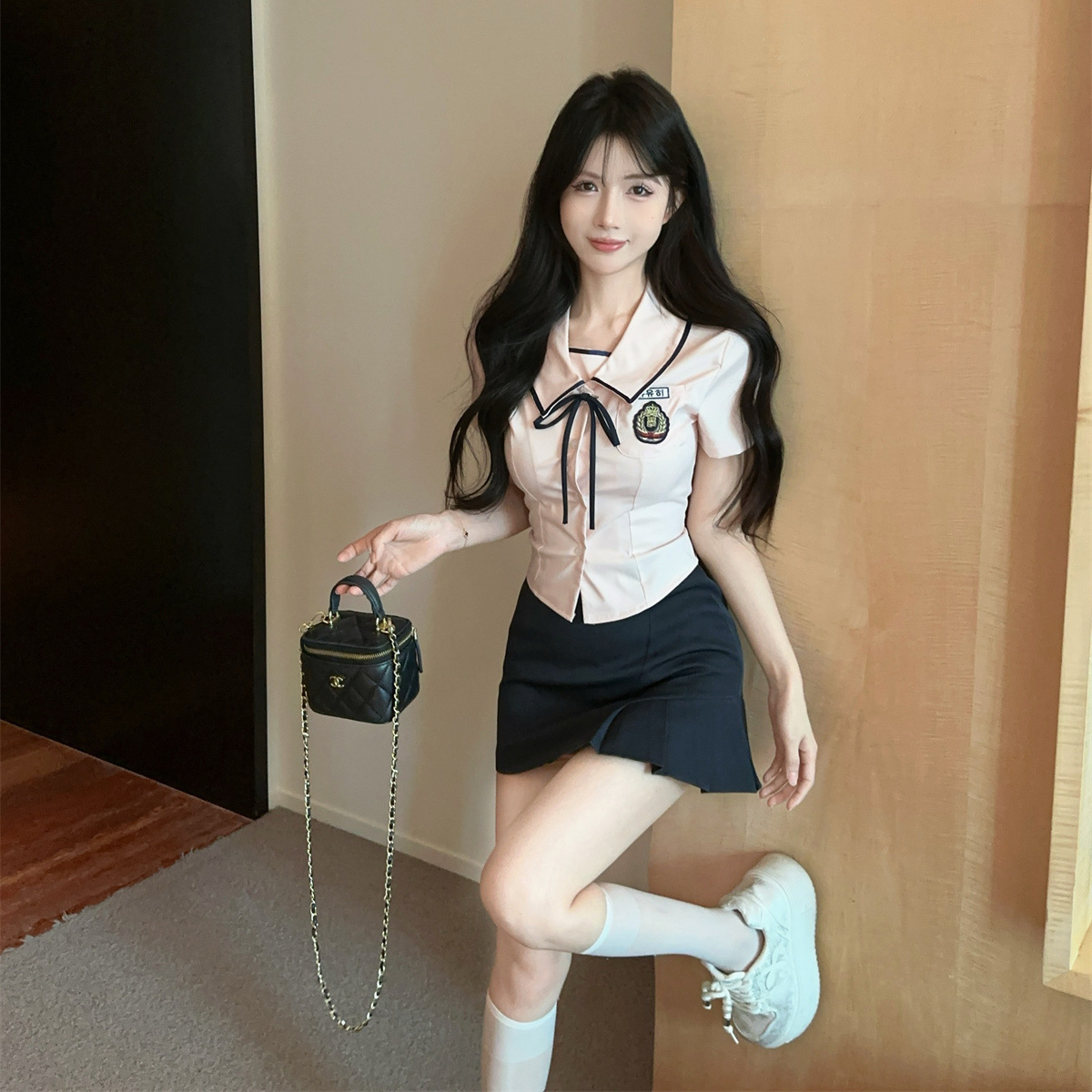 Korean Jk Uniform Preppy Style Suit for Women Summer Sweet Sexy Waist Short-Sleeved Pink Shirt Pleated Skirt Two-Piece Set