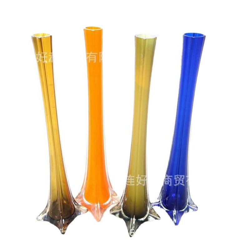 Factory Direct Sales Cross-Border Eiffel Tower Glass Vase with Feather Four-Corner Flower Arrangement Wedding Home Decoration