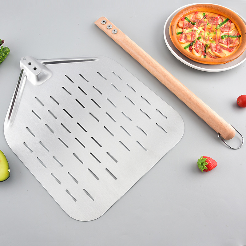 Wooden Handle 430 Stainless Steel Hollow Pizza Shovel Oven Shovel Kitchen Baking Cake Transfer Shovel Pizza Flip Tool