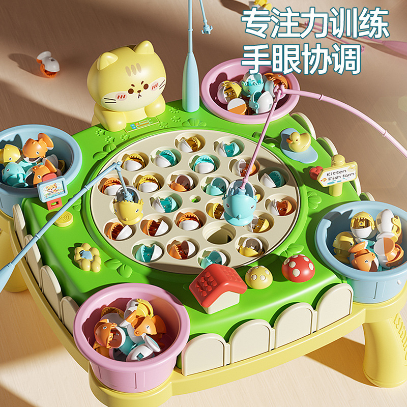 Children's Educational Early Education Electric Magnetic Kitten Fishing Platform Baby Multi-Functional Music Interactive Play House Toy