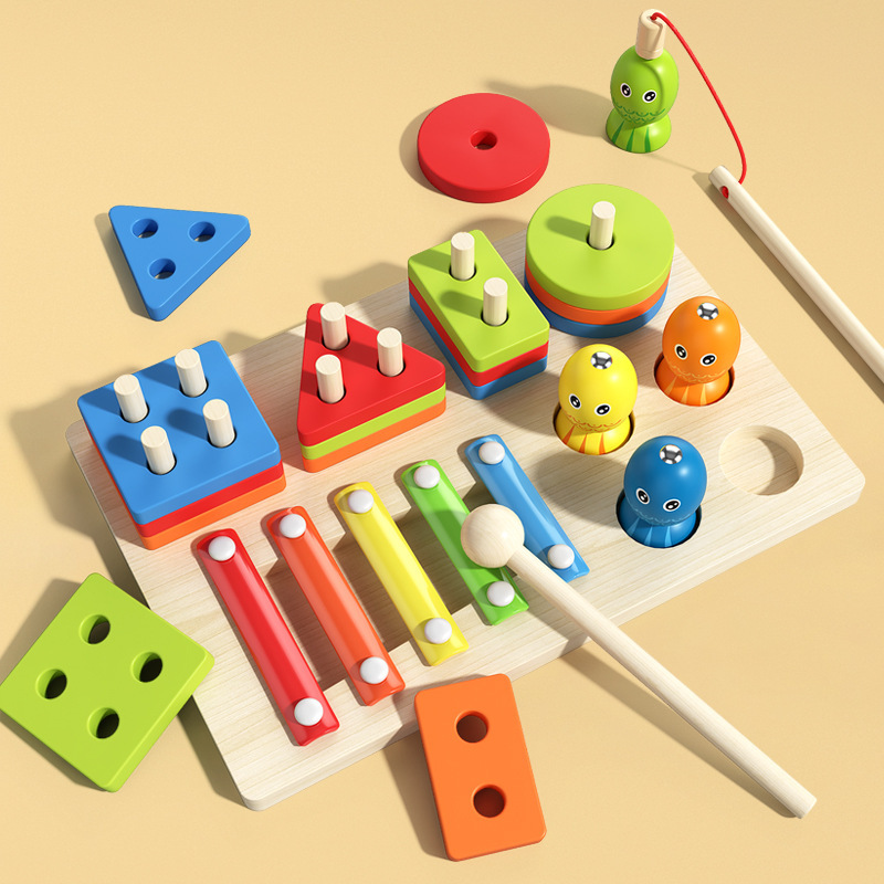 Cross-border Wooden Children's Early Education Benefit Magnetic Fishing Four Sets of Pillars Knocking Piano Geometric Shape Matching Combination Pair Educational Toys