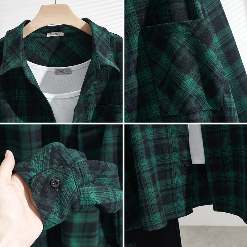 Spring and Autumn chubby girl extra large size Korean style loose brushed plaid shirt 240kg plus size plus size long sleeve top S5214