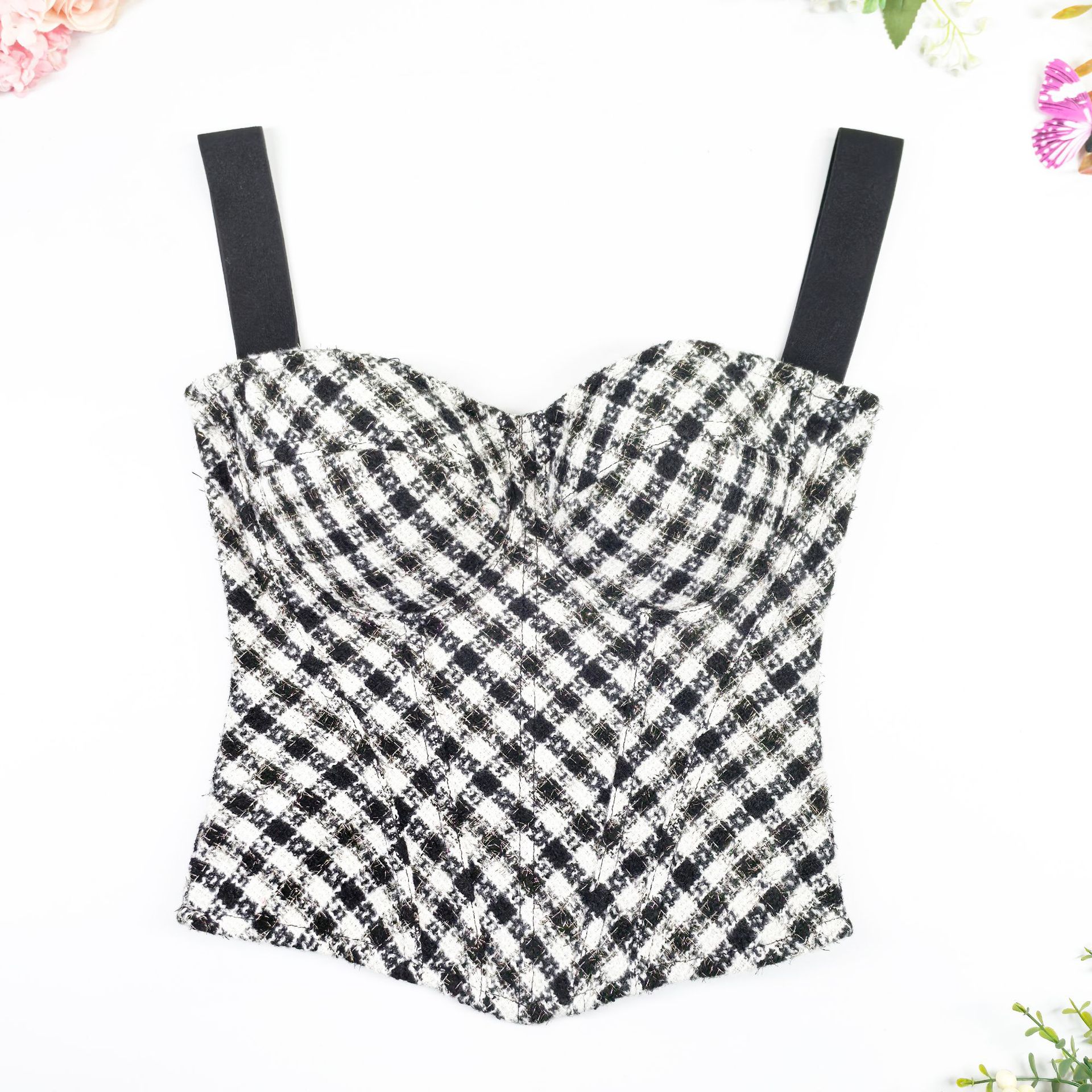 Французский дизайн нишевой широкий плечевой ремень без бретелек красивый задний молния ремень гусиная лапка формирующий топ верхняя одежда