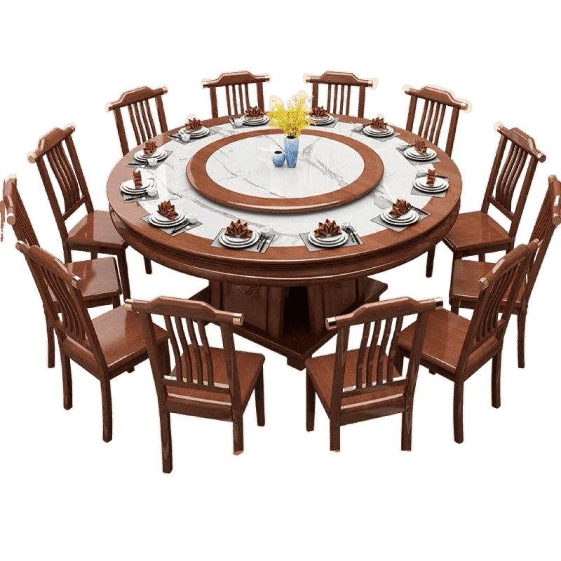 Chinese Slate Dining Table Dining Table and Chair Combination Solid Wood Round Home Hotel Turntable Induction Cooker Dining Table Hotel Round Table