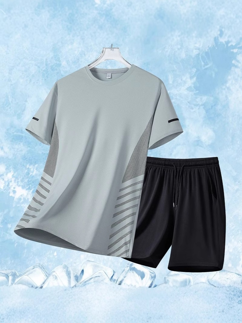 Ice Silk Breathable Suit Men's T-Shirt Short-Sleeved Shorts Breathable Quick-Drying Two-Piece Mesh Elastic Versatile Sports Suit