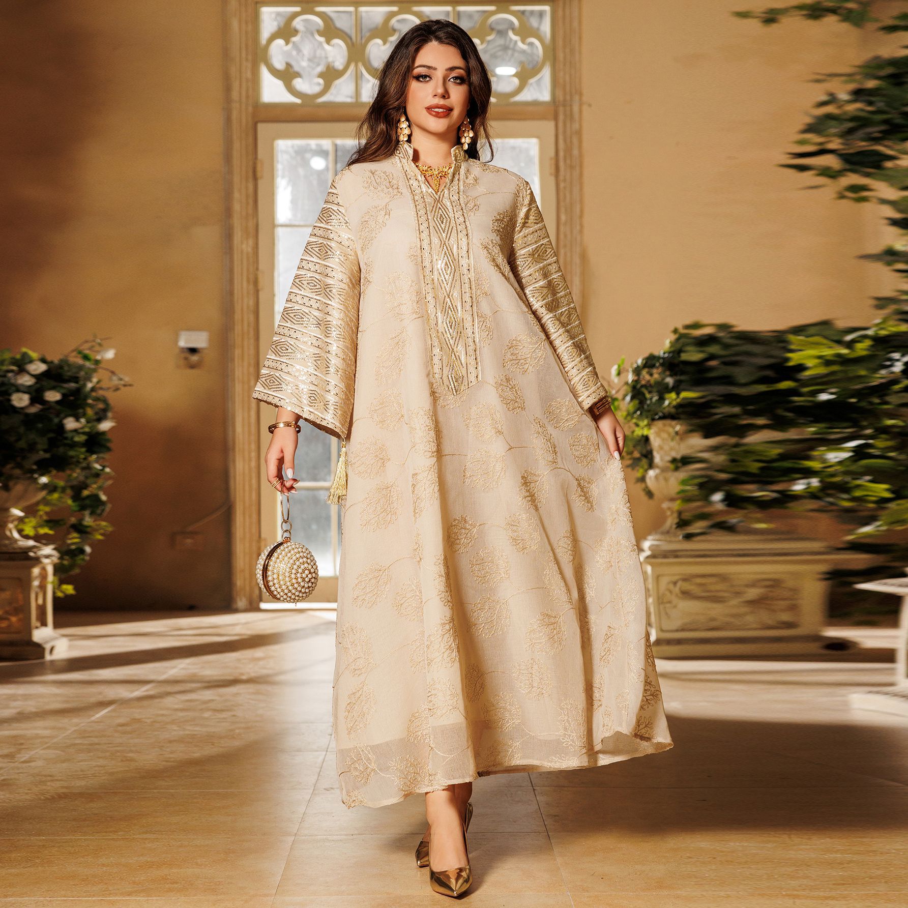 Ab423 Amazon Muslim Embroidered Sequined Robe Plus Size Women's European and American Cross-Border Dress Middle East New Style