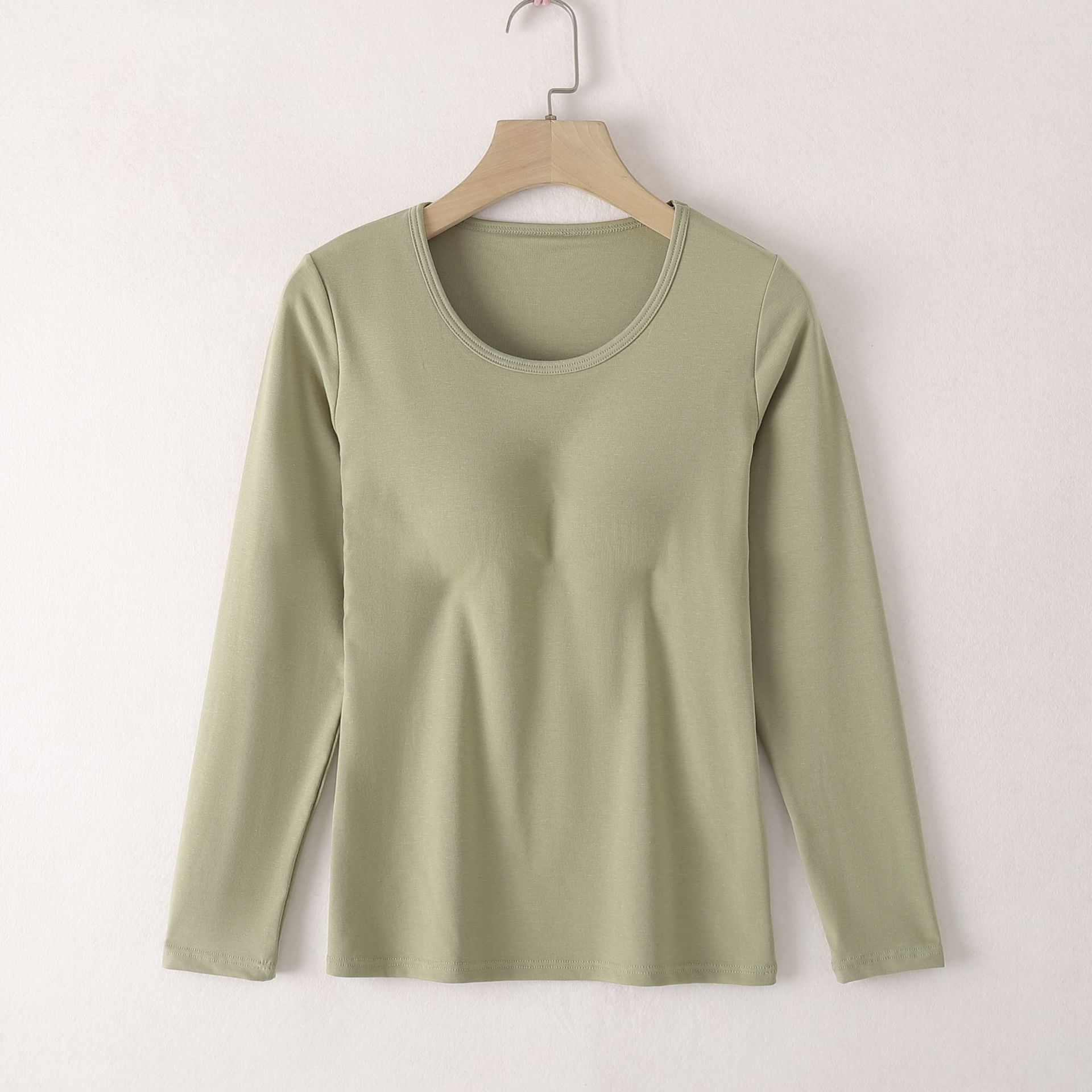 With chest pad one-piece long inner wear anti-exposure no steel ring Cup round neck long sleeve top bottoming can be worn outside T-shirt