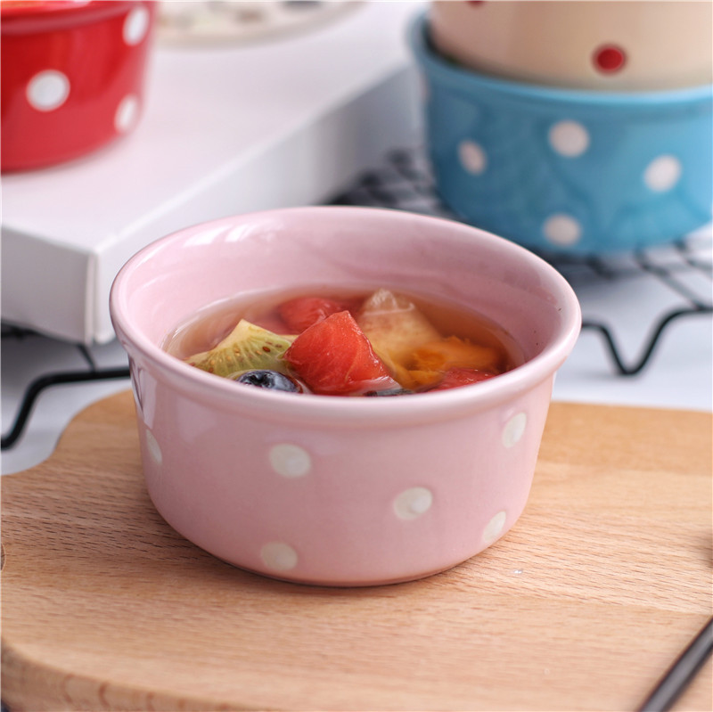 Creative Ceramic Soufflé Baking Bowl Polka Dot Pudding Cup Household High Temperature Resistant Tableware Baking Cup Steamed Cake Dessert Bowl