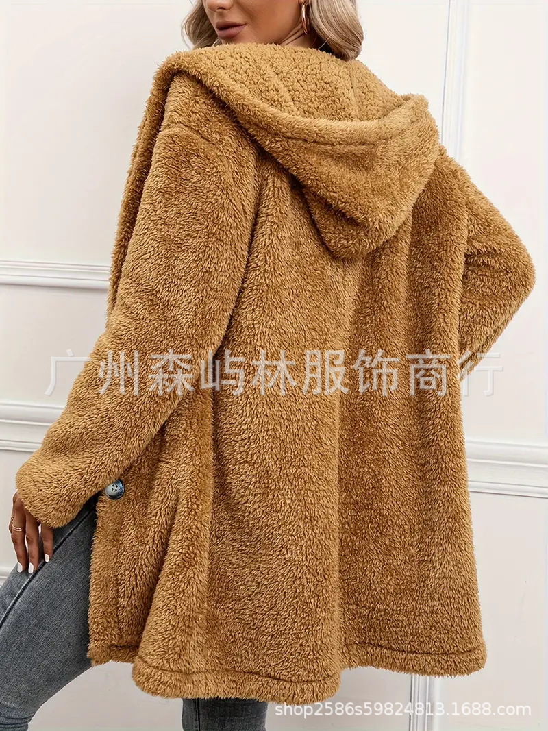 Cross-border European and American New Flannel Mid-length Plush Jacket Loose Hooded Casual Button Long Sleeve Autumn and Winter Cardigan