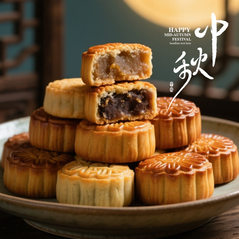 Cantonese-Style Mid-Autumn Mooncakes with Egg Yolk, Lotus Paste, Five-Nut Filling, Black Sesame Bean Paste, Peach Skin, Flowing Center, Multi-Flavor Wholesale Group Purchase