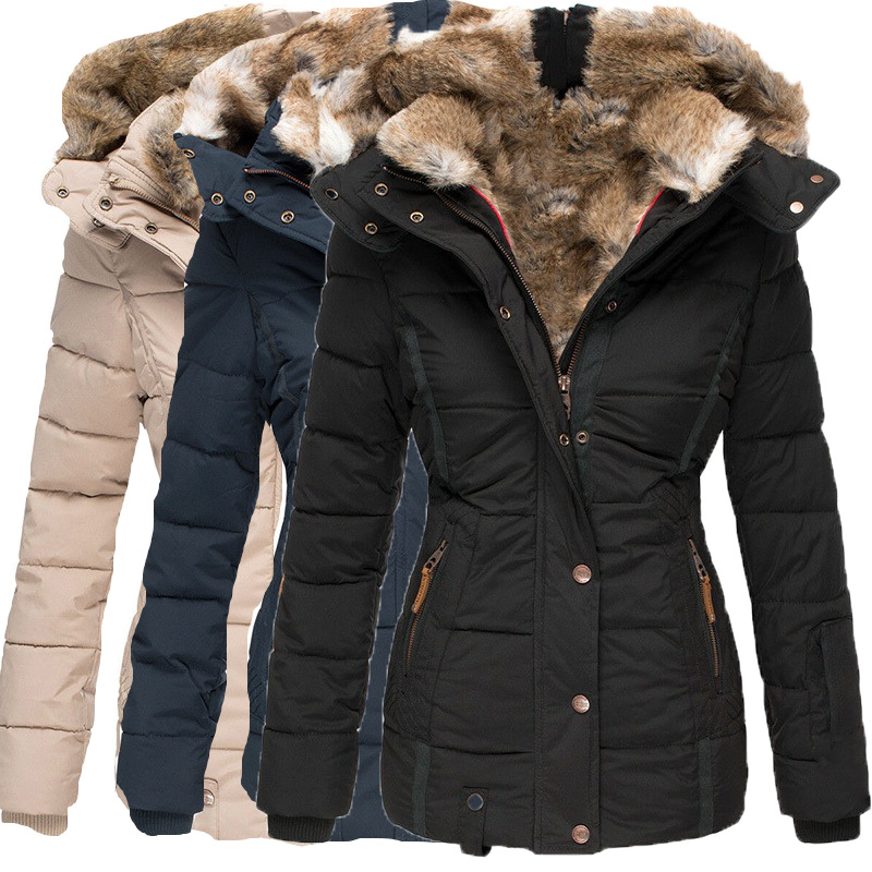 Amazon New Winter Warm Fur Collar Cotton-padded Jacket Women's Zipper Long-sleeved Slim-fit Cotton-padded Jacket Hooded Coat W128