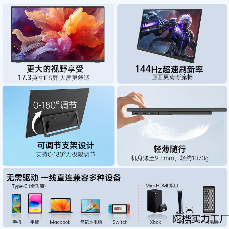 Portable Monitor Computer Mobile Phone External Expansion Screen Notebook Ps5/Switch Secondary Screen Type-C One-Line Communication