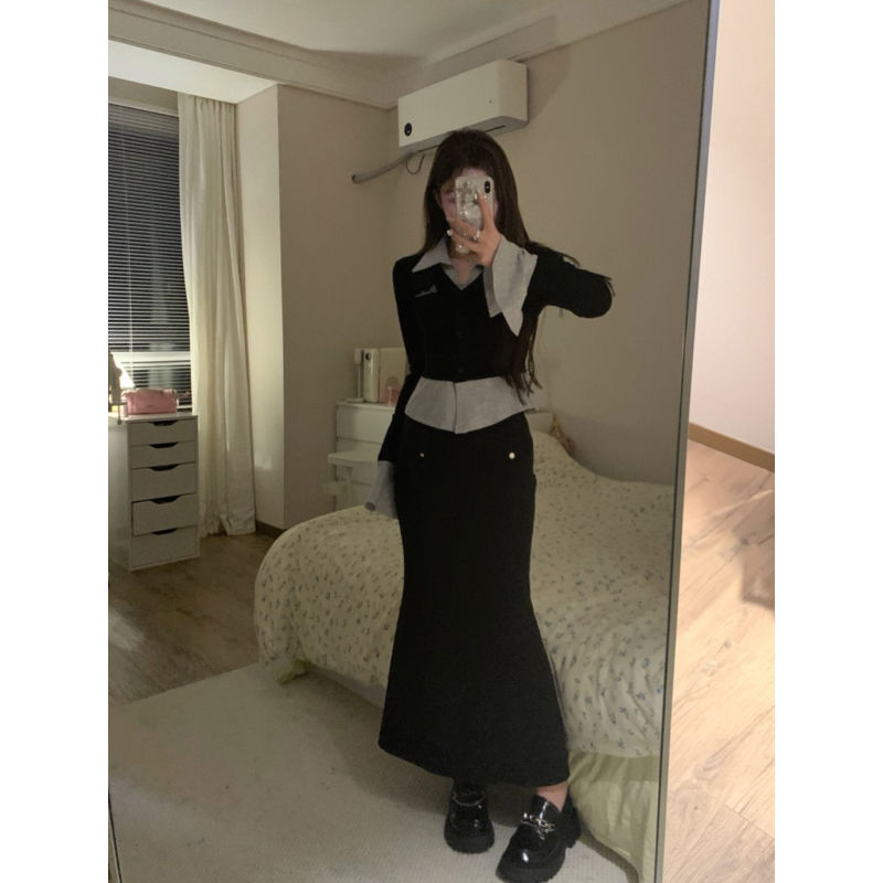 Korean Style Gentle Style Contrasting Color Long-Sleeved Top Suit for Women Autum New College Slimming Fishtail Skirt Two-Piece Set