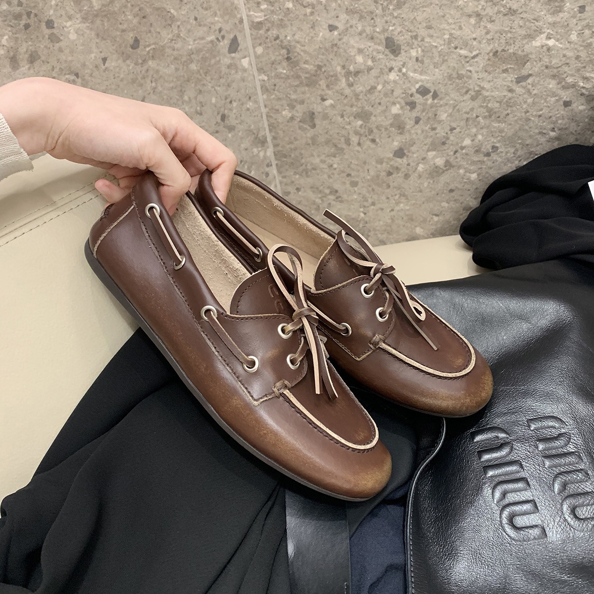 Spot Retro British Style Old Dirty Lace-Up Soft-Soled Casual Loafers Retro Slip-On Flats-Soled Small Leather Shoes