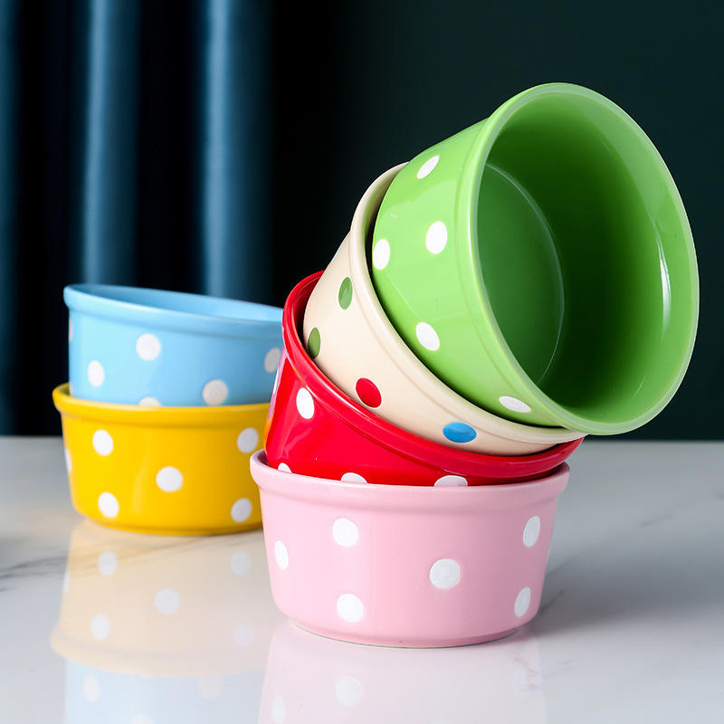Creative Ceramic Soufflé Baking Bowl Polka Dot Pudding Cup Household High Temperature Resistant Tableware Baking Cup Steamed Cake Dessert Bowl