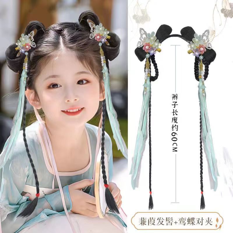 Детский ханфу парик антикварный интегрированный стиль бантик древний костюм универсальный набор для волос головной убор сценическая производительность диска для волос