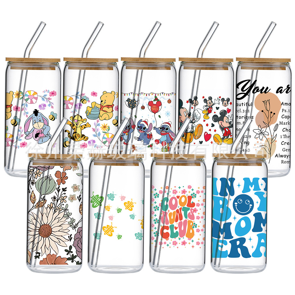 Cross-border Coke Cup Explosions High Borosilicate Suction Cup Wholesale 6 Pack Glass Printed Pattern Water Cup with Wooden Lid