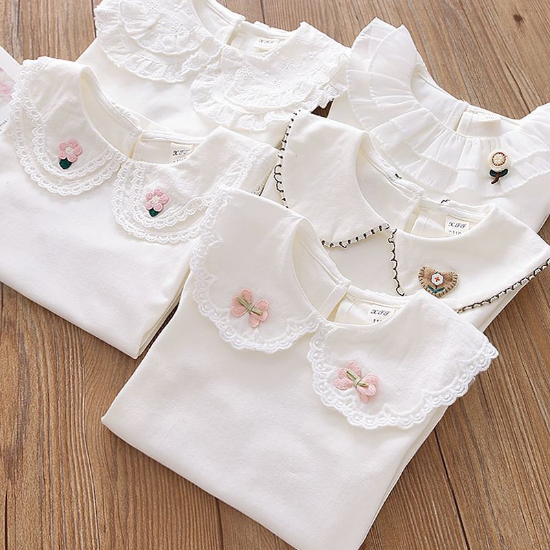 Базовая футболка с кружевным воротником для девочек, осенний белый пуловер с длинным рукавом, топ для малышей