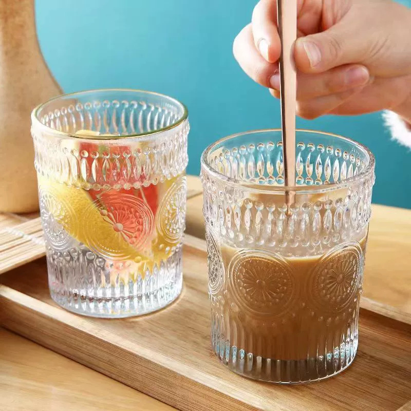 Sunflower Glass Cup Embossed Glass Cup Household Transparent Heat-Resistant Drinking Cup Ins High-Value Women's Drink Cup