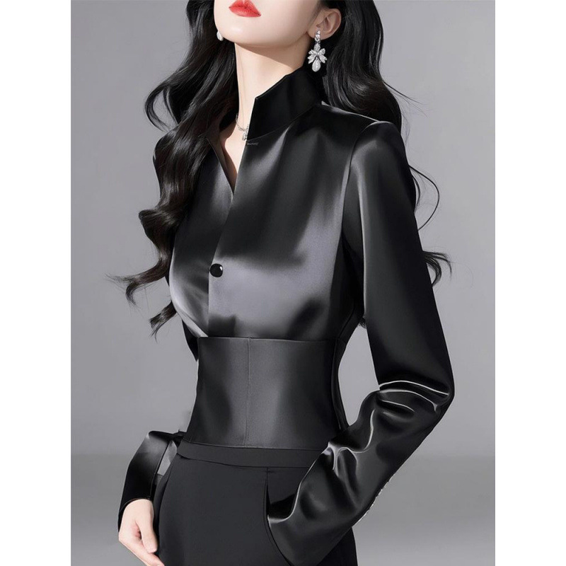 French Petite Unique Chic Beautiful Niche Accessible Luxury Cold Style High-End Acetate Satin Black Shirt Spring