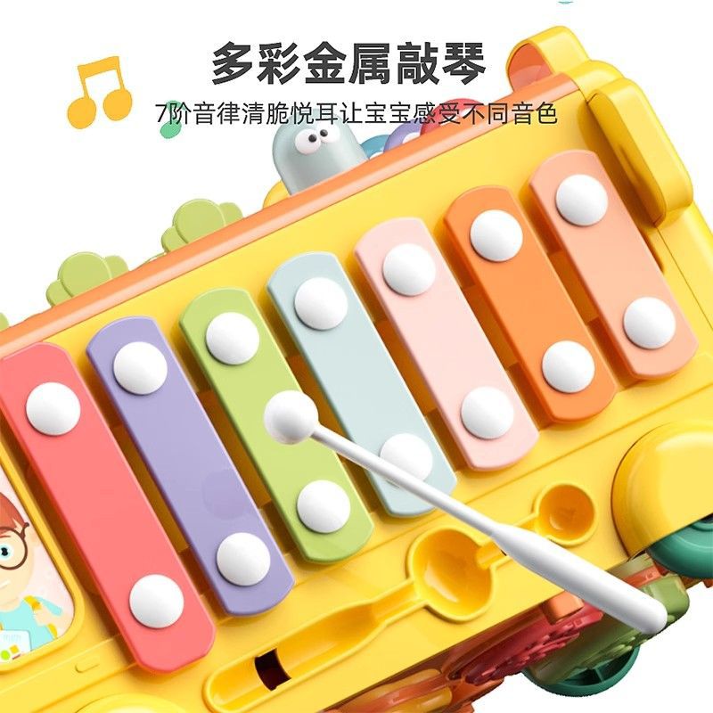 Multifunctional Baby Bus Driver Plays Piano, Whack-A-Mole, Pulls Out Radishes and Catches Insects, Educational Hexahedral Baby Enlightenment Toy
