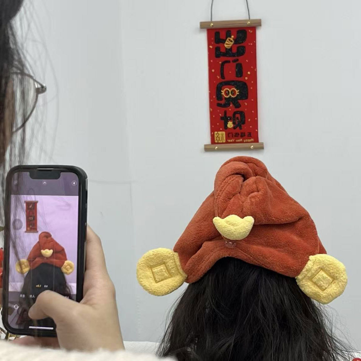 God of Wealth Yuanbao Dry Hair Cap Cartoon Hair Shower Cap Cute Headband Thickened Water Absorbent Quick-drying Pullover Hair Cap New Style