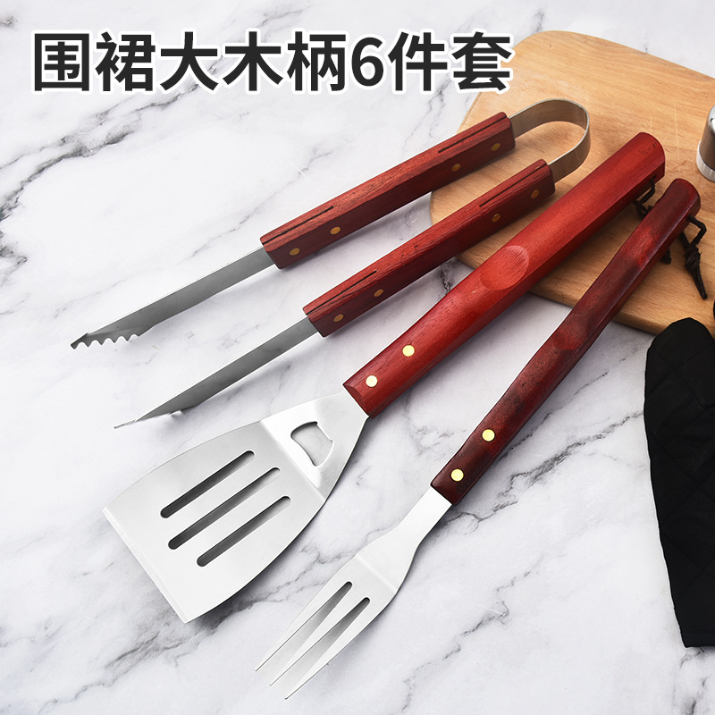 Outdoor camping portable apron baking tool suit BBQ tool apron wooden handle barbecue tool set of 6 manufacturers in stock