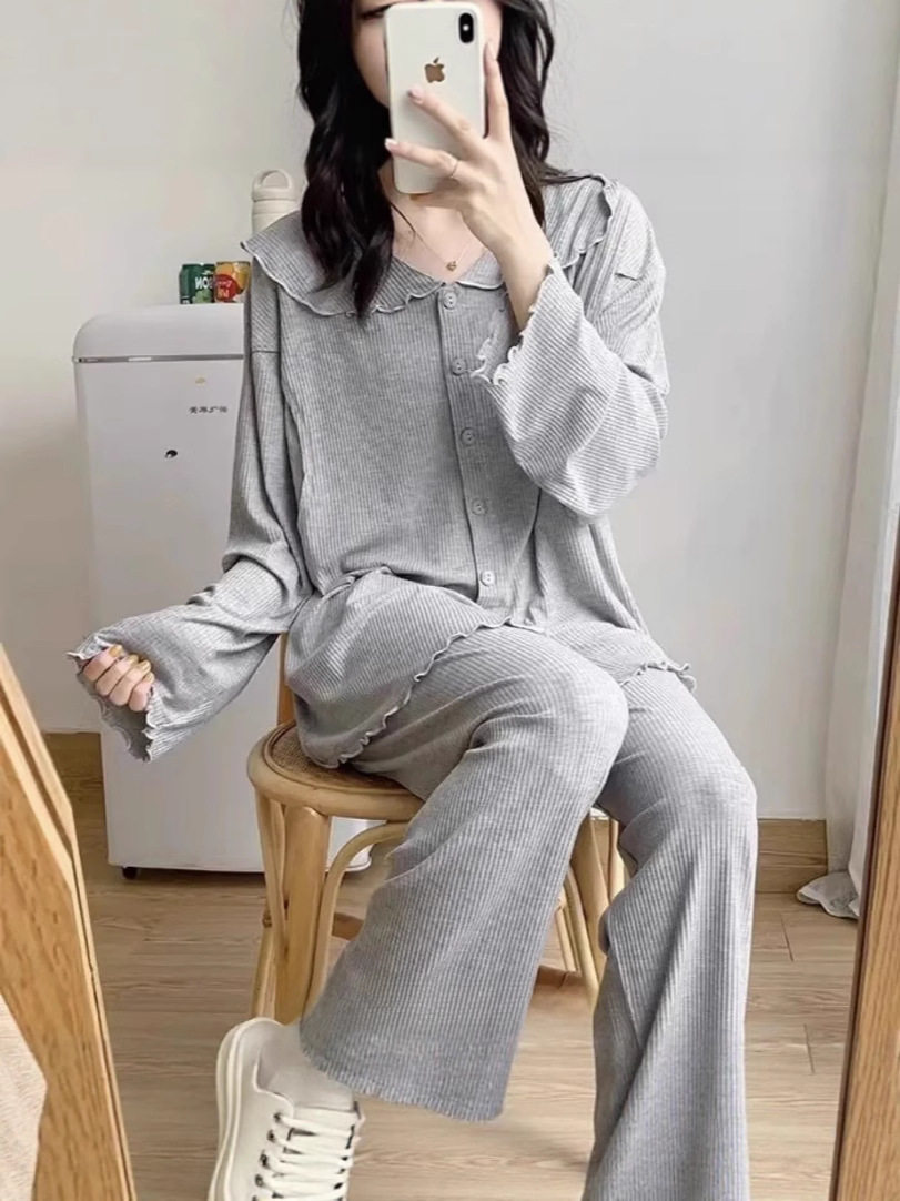 Maternity Long-Sleeve Long-Pants Set for Postpartum Nursing Sleepwear, Spring and Autumn Loose Plus-Size Maternity Loungewear
