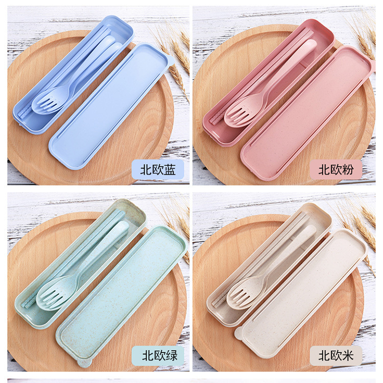 Wheat Straw Tableware Fork, Spoon and Chopsticks Three-Piece Set Scandinavian Color Kidsren's Outdoor Travel Picnic Portable Tableware Set