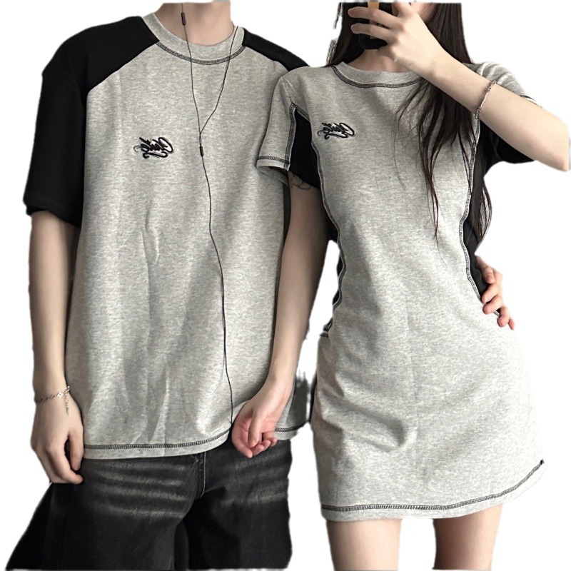 Summer 2024 American sports short-sleeved T-shirt dress high waist slimming A- line skirt couple's T-shirt