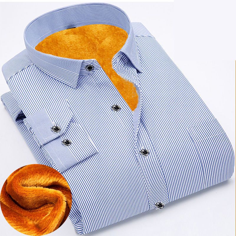 Off-Season Middle-Aged Men's Winter Velvet Thickened Warm Shirt Striped Plaid Straight Shirt Large Size Dad Wear
