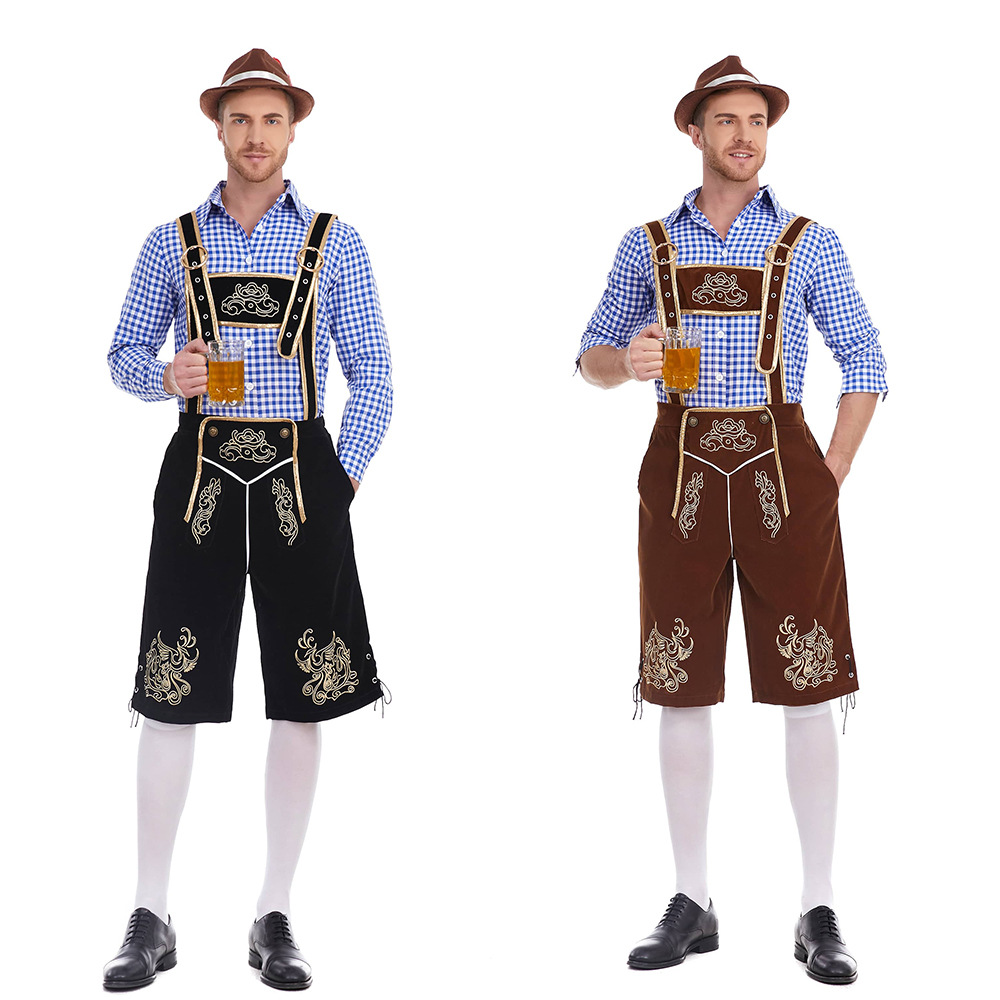 Bavarian German national traditional men's beer festival clothing plaid shirt embroidered suspender pants with hat suit