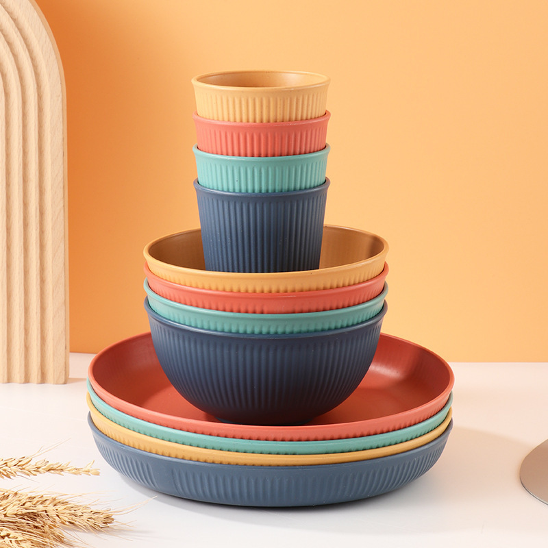 Wheat Straw Household Striped Salada Plate Soup Bowl Water Cup Office Staff Rice Bowl Spitting Bone Plate Bowl Dish Set Tableware