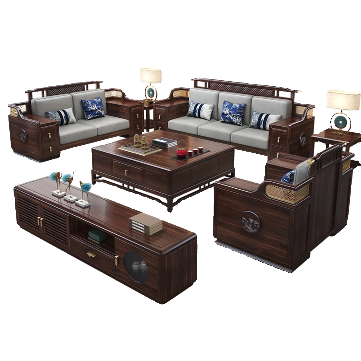 Black Gold Solid Wood Sofa New Chinese Style Home Living Room Imperial Concubine Sofa Winter and Summer Dual-Use Large Apartment Villa Sofa