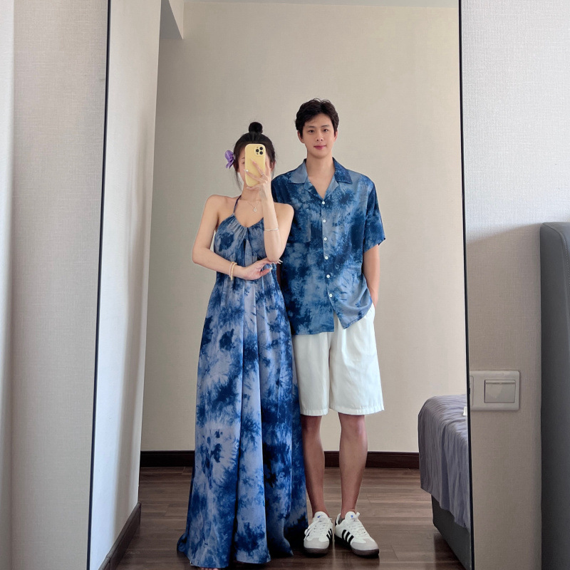 летнее платье синий тай-дай для пар, стильный отпуск, рубашка с коротким рукавом