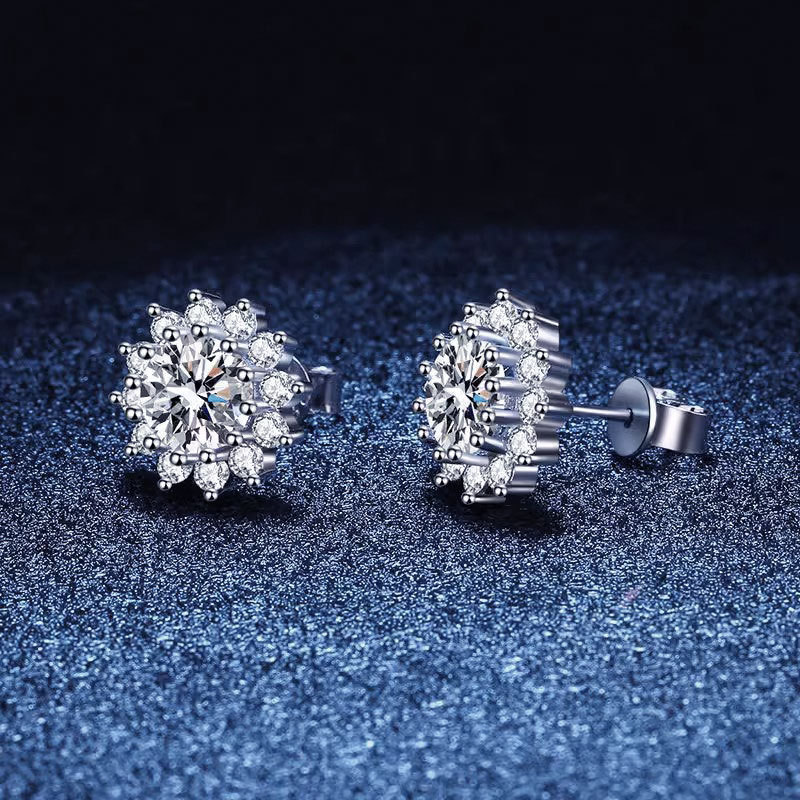 Cross-border s925 sterling silver color Mosan diamond earrings women's high-end sense multi-claw full diamond sunflower earrings in stock wholesale