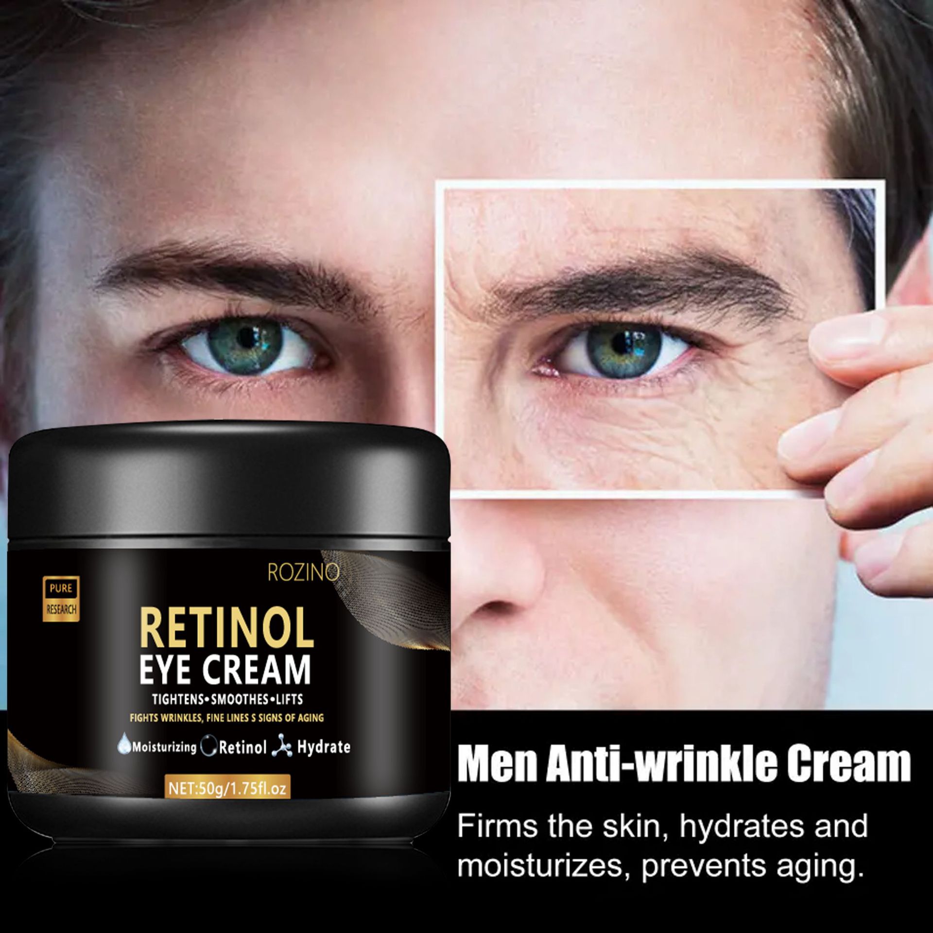 Cross-Border Retinol Men's Eye Cream Stays up Late, Firming, Anti-Wrinkle, Fine Lines Around the Eyes, Puffy Eye Bags, Essence Cream Factory Ready Stock