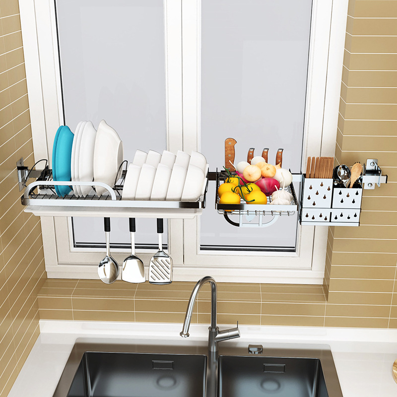 Punch-free Dish Rack Kitchen Storage Rack Wall Hanging Dish Rack for Dish and Bowl Rack for Windows and Windowsill Storage Rack Stainless Steel