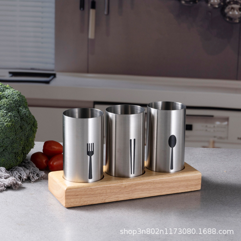 Exported to South Korea Stainless Steel Chopstick Barrel Oak Base Wooden Frame Chopstick Barrel Set Creative Storage Tube Wholesale