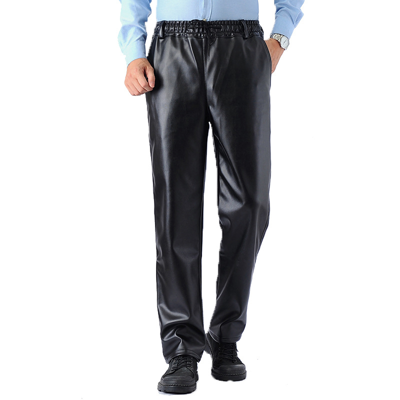 Men's leather pants middle-aged and elderly loose casual windproof warm fleece-lined thickened motorcycle motorcycle labor protection pants work pants