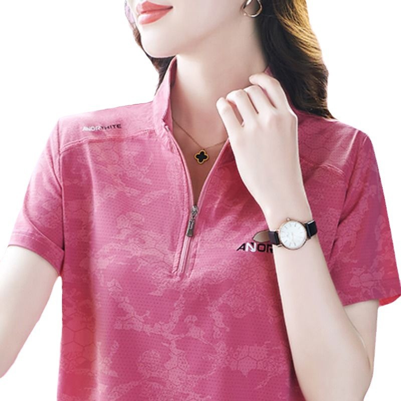 Summer New Short-sleeved Half-zipper T-shirt Women's Polo Shirt Fashionable Elegant Western-style Quick-drying Loose Slimming Breathable Women