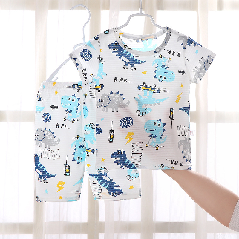 Children's Short Sleeve Suit Cotton Slub Cotton Air-conditioning Suit Home Clothes Pajamas Boys and Girls Half Sleeve