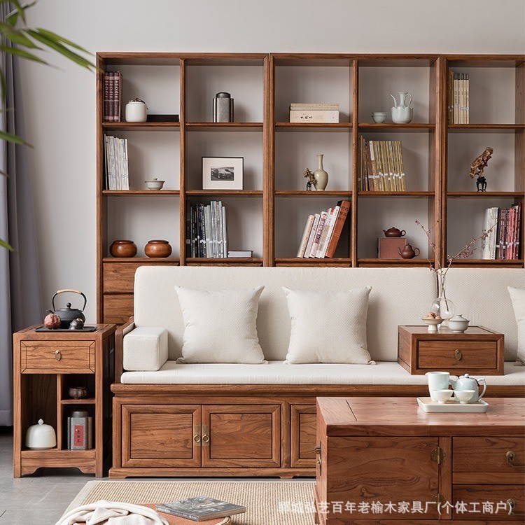 Solid Wood Bookshelf Living Room Floor Bookcase Whole Wall Multi-Layer Partition Storage Cabinet Old Elm Ancient Rack Solid Wood Antique Rack