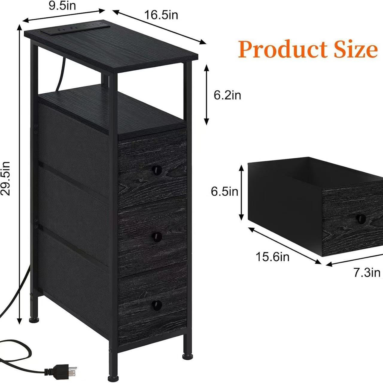 Custom Explosive Narrow Side Bedside Cabinet with Charging Station, Small Bedside Cabinet with Three Fabric Drawers