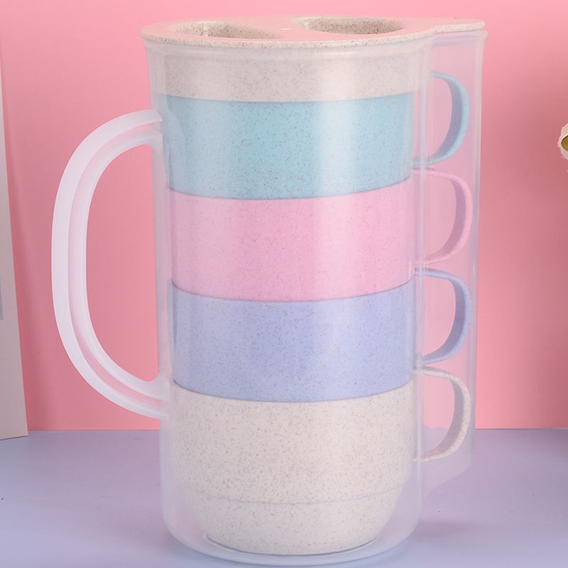Wheat Straw Household Cold Water Kettle Ins Style Plastic Cold Water Cup High Temperature Resistant Teapot Juice Pot Five-Piece Set