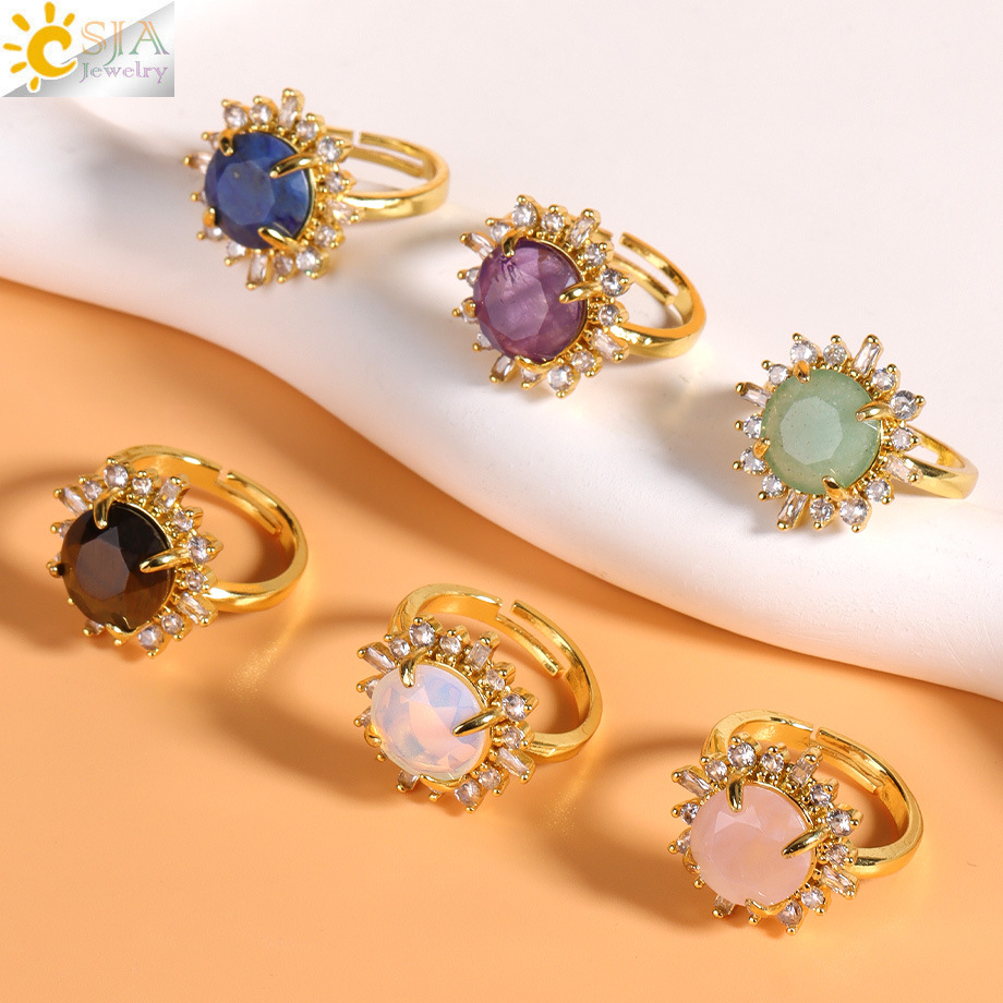 Fresh, Sweet and Fashionable Cross-Border Jewelry Wholesale Round Faceted Natural Crystal Stone Diamond Sunflower Ring for Women