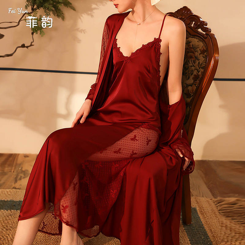 2023 New Autumn and Winter Sexy Nightgown Exlongation Bathrobe Pajamas Women's Long Sleeve Women's Satin Home Wear Thin 6076