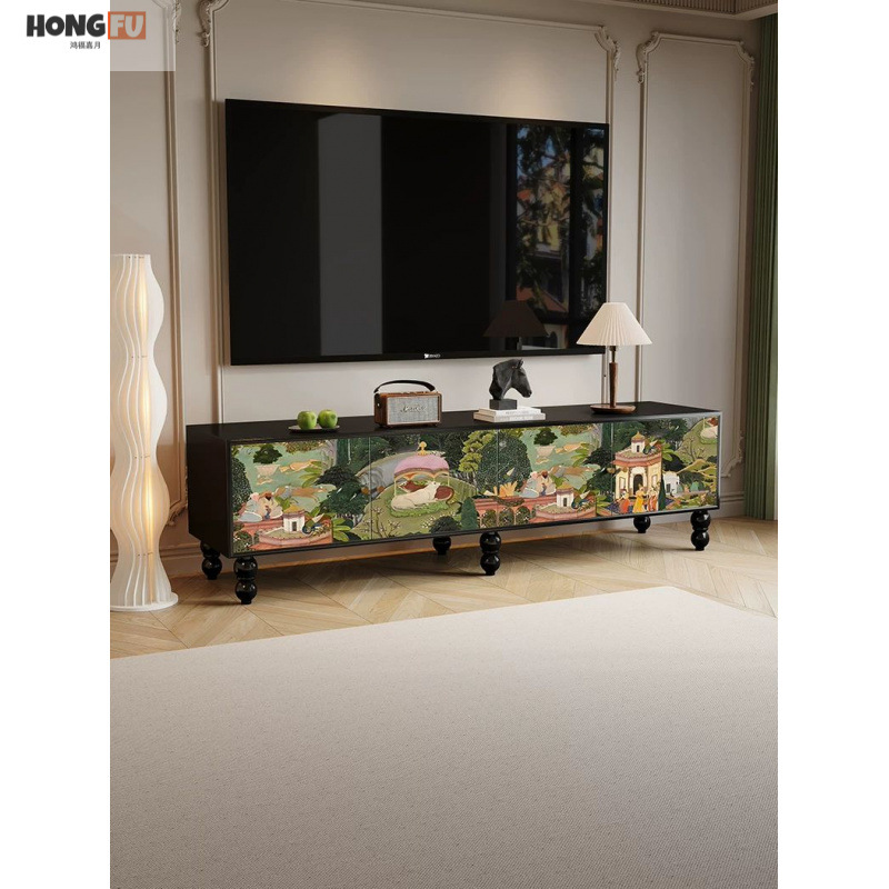French-Style Mid-Century Painted Solid Wood Tv Cabinet Floor-Standing Living Room Storage Cabinet Integrated 2024 New High-End Design