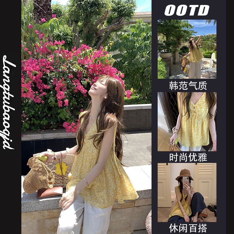 Korean New Style 2025 Summer Sweet and Beautiful Versatile Women's Lightweight V Neck Sleeveless Shirt Floral A-Hem Baby Doll Shirt